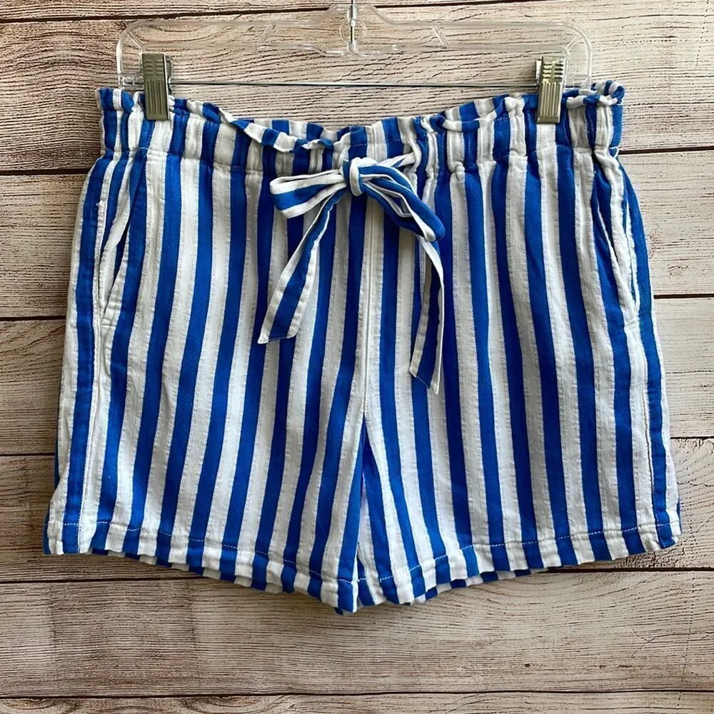 J CREW LINEN BLEND PAPERBAG WAIST SHORTS‎ IN BLUE AND WHITE STRIPES